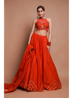 Ahi Clothing - Orange Chanderi Lehenga Blouse with Dupatta (Set of 3)