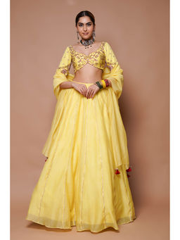 Ahi Clothing - Yellow Chanderi Lehenga Blouse with Dupatta (Set of 3)