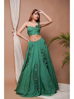 Ahi Clothing - Bright Green 3-D Organza Indo Lehenga with Blouse (Set of 2)