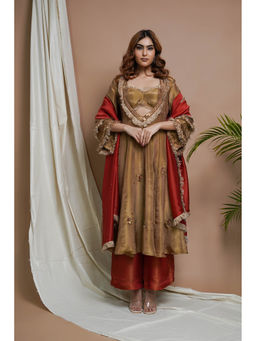 Ahi Clothing - Golden Tissue Silk Anarkali Kurta with Palazzo and Dupatta (Set of 3)