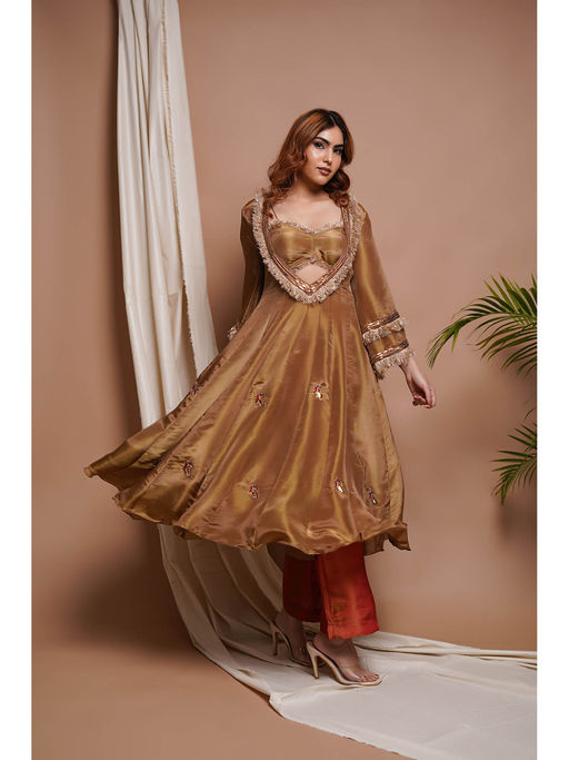 green emerald velvet dress Buy Chamakta Taaj- Copper & Gold Tissue Silk Anarkali Set