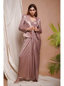 Ahi Clothing - Pink Shimmer Drape Skirt and Coat with Bustier (Set of 3)