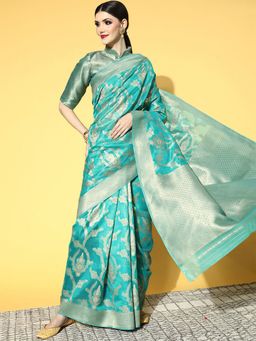 Odette - Organza Turquoise Woven Designer Saree with Unstitched Blouse