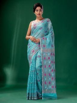 CHARUKRITI - Turquoise Blue Cotton Silk Handwoven Soft Jamdani Saree without Blouse