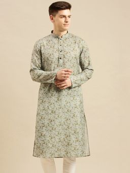 Sanwara - Men Printed Green Cotton Straight Kurta