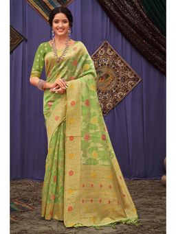 Sangam Prints - Light Green Organza Woven Zari Work Traditional Tassel Saree with Unstitched Blouse