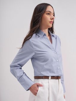 TOKYO TALKIES - Women Blue Stripes Shirt Collar Shirt