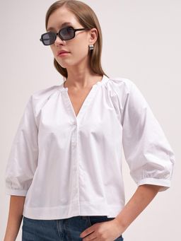 TOKYO TALKIES - Women White Solid Mandarin Blouse