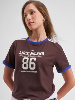 TOKYO TALKIES - Women Brown Typography Detail Regular Fit T-Shirt