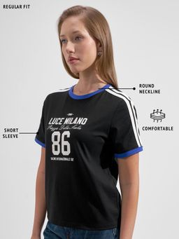 TOKYO TALKIES - Women Black Typography Detail Regular Fit T-Shirt