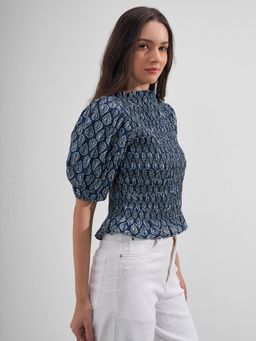 TOKYO TALKIES - Women Navy Blue Puff Sleeve Smocked Top