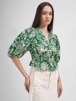 TOKYO TALKIES - Women Green Puff Sleeve Smocking V-Neckline Top