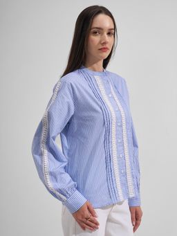 TOKYO TALKIES - Women Blue Mandarin Collar Shirt