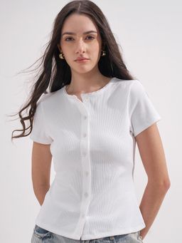 TOKYO TALKIES - Women White Front Buttoned Round Neck Top