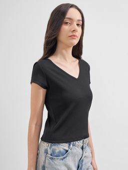 TOKYO TALKIES - Women Black V-Neck Half Sleeve T-Shirt