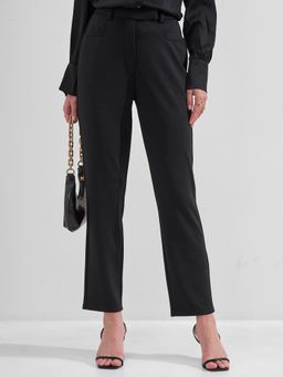 TOKYO TALKIES - Women Black Solid Straight Fit Mid Rise Trouser