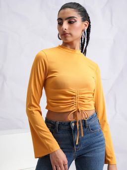 TOKYO TALKIES - Women Yellow Rib Ruched Hem Top
