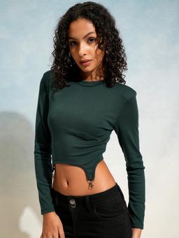 TOKYO TALKIES - Women Green D-Ring Detail Asymmetrical Hem Crop Top