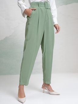TOKYO TALKIES - Women Mint Solid Straight Fit Formal Trouser With Belt