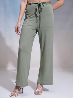 TOKYO TALKIES - Women Olive Solid Rib Pant With Belt