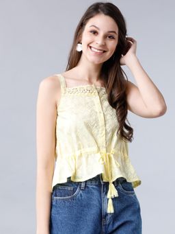 TOKYO TALKIES - Women Yellow Embroidered Cinched Waist Top