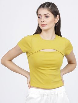 TOKYO TALKIES - Womens Mustard Round Neck Short Sleeve Crop Top