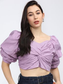 TOKYO TALKIES - Purple Sweetheart Neck Pure Cotton Twist Crop Top