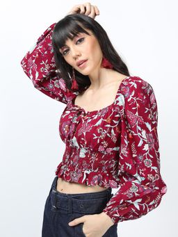 TOKYO TALKIES - Red Floral Printed Crop Top