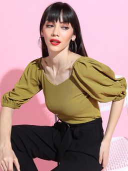 TOKYO TALKIES - Olive Green Crepe Knitted Top