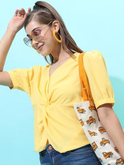 TOKYO TALKIES - Yellow Twisted Crepe Wrap V-Neck Top