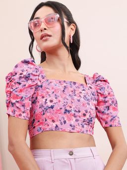 TOKYO TALKIES - Floral Print Puff Sleeves Crop Top