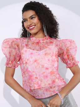 TOKYO TALKIES - Red Floral Printed Puff Sleeve Organza Top