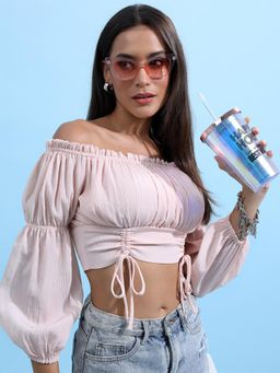 TOKYO TALKIES - Peach Off-Shoulder Gathered Puff Sleeves Crop Top