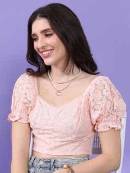 TOKYO TALKIES - Pink Floral Self Design Puff Sleeves Fitted Crop Top