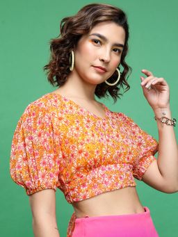 TOKYO TALKIES - Floral Printed V-Neck Puff Sleeves Crop Top