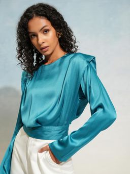 TOKYO TALKIES - Women Blue Solid Satin Double Breasted Blazer Top