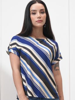 TOKYO TALKIES - Women Multi-Color Striped Round Neck Extended Shoulder Top