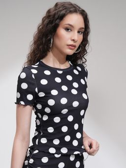 TOKYO TALKIES - Women Black Polka Dot Printed Top With Short Sleeve