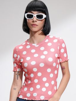 TOKYO TALKIES - Women Pink Polka Dot Printed Top With Short Sleeve