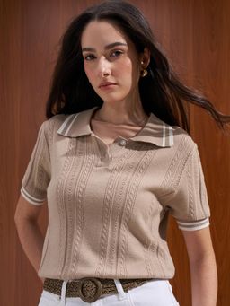 TOKYO TALKIES - Women Beige Contrast Stripe Cable Knit Polo T-Shirt