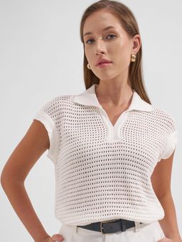 TOKYO TALKIES - Women White Varsity Single Jersey Cotton Lycra Polo T-Shirt