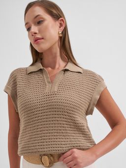 TOKYO TALKIES - Women Beige Varsity Single Jersey Cotton Lycra Printed Polo T-Shirt