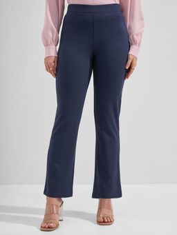 TOKYO TALKIES - Women Navy Blue Solid Straight Fit Mid Rise Trouser