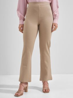 TOKYO TALKIES - Women Beige Solid Straight Fit Mid Rise Trouser