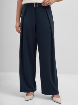 TOKYO TALKIES - Women Navy Blue Wide Leg Pant With Belt