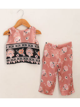Woonie - Satin Printed Top with Culottes - Pink (Set of 2)
