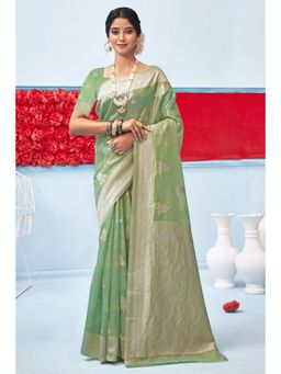 EXCLUSIVA - Green Cotton Saree with Unstitched Blouse