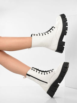 ADORLY - Women White Lace-Ups Casual Biker Boots