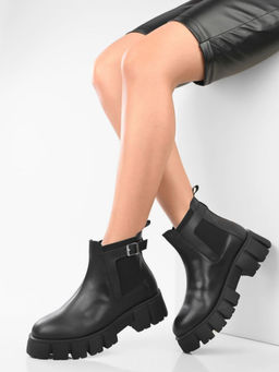 ADORLY - Black Women Block Mid- Top Buckle Boots