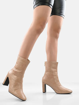 ADORLY - Women Beige Textured Block-Heeled Casual Boots